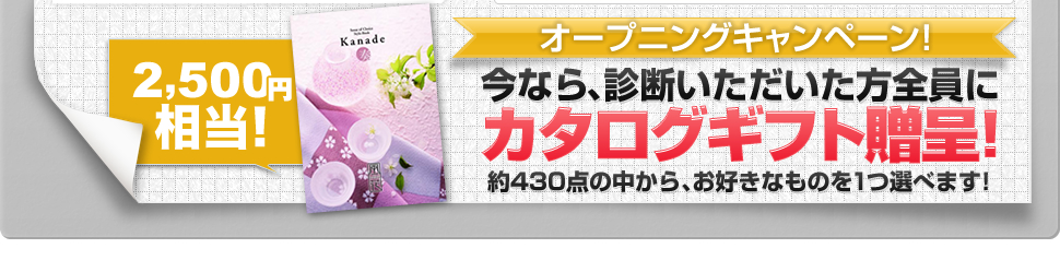 オープニングキャンペーン！今なら診断頂いた方全員に2,500円相当のカタログギフト進呈！約430点の中から、お好きなものを１つ選べます！