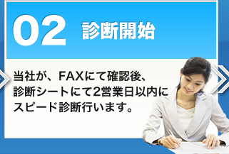 診断開始 当社が、FAXにて確認後、診断シートにて2営業日以内にスピード診断行います。